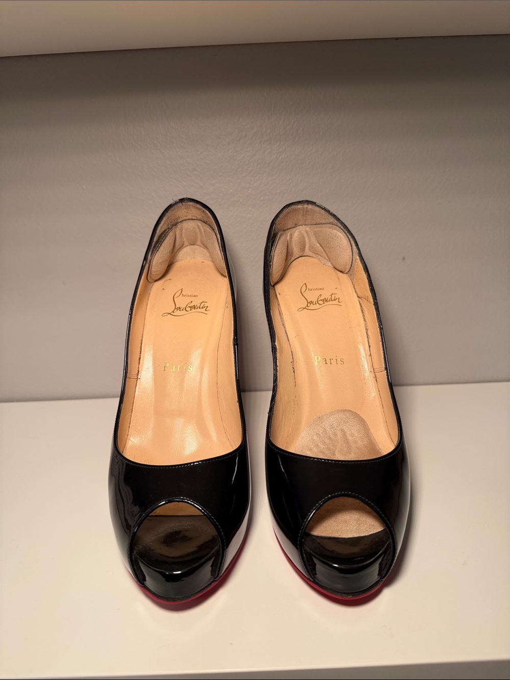 Christian Louboutin Very Prive Black Patent Peep-Toe Pumps with Red Soles